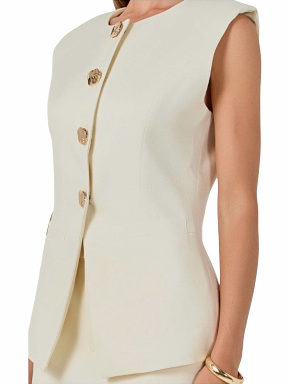 NWT Endless Rose Cream Tailored Long Vest Gold Button Blazer Vest Size Small